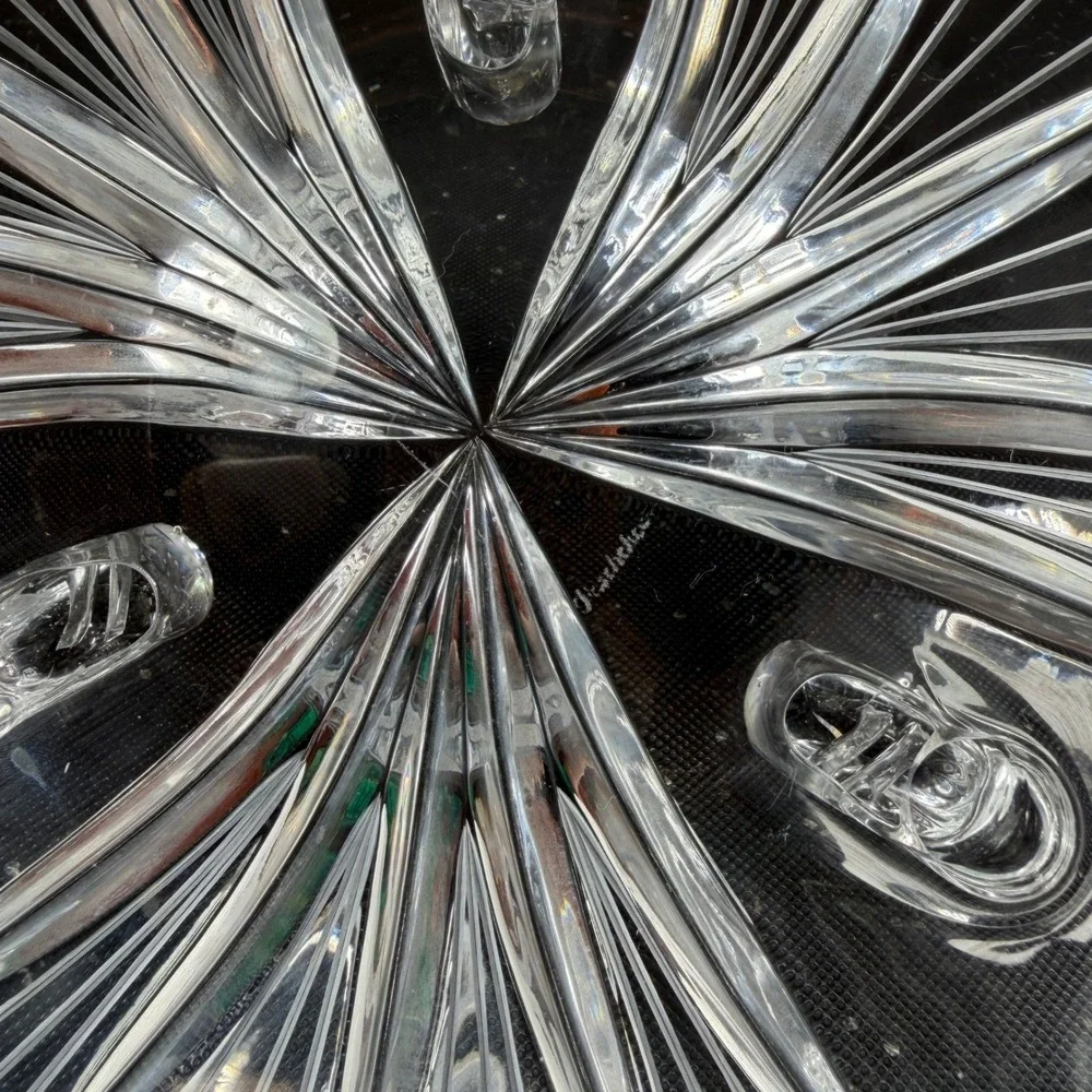 Signed Heavy Clear Crystal‎ Footed Bowl Etched Starburst Pattern Vintage Decor